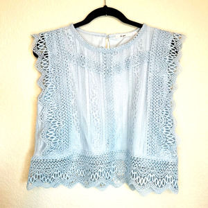 Mi Ami Women's Baby Blue Lace Crew Neck Sleeveless Crop Top Size XL